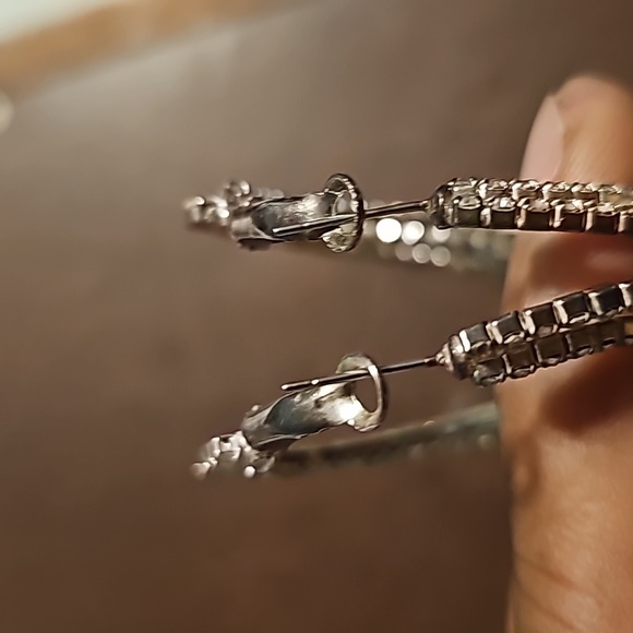 Silvertone Large (2.5"×2.5") Hoop Earrings, Pierce, w/Crystal & Rhinestones - Picture 4 of 4